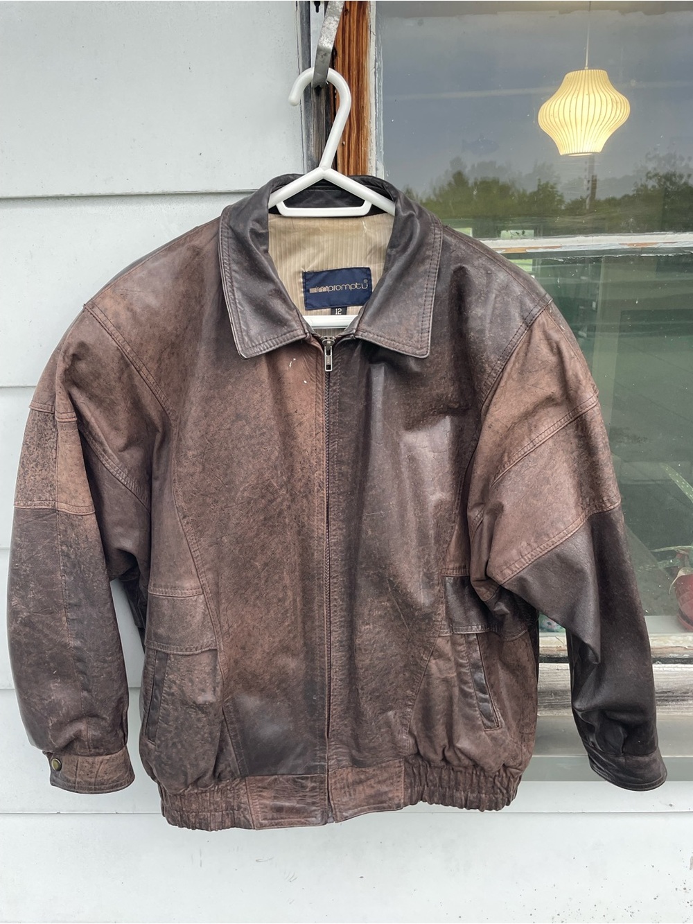 Prompt U Genuine Leather Brown Distressed Bomber Jacket Size 12